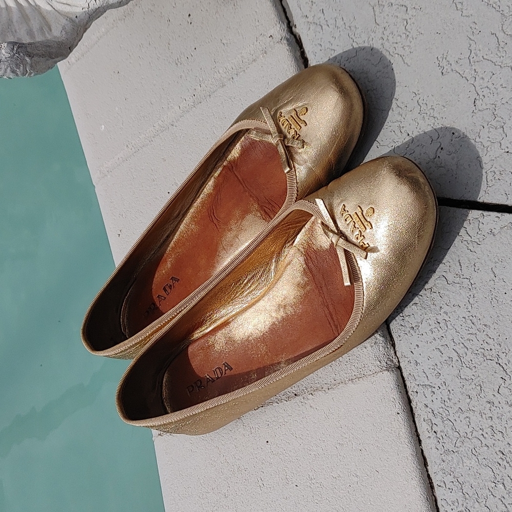 Prada Metallic Gold Leather Ballet Flats with Logo